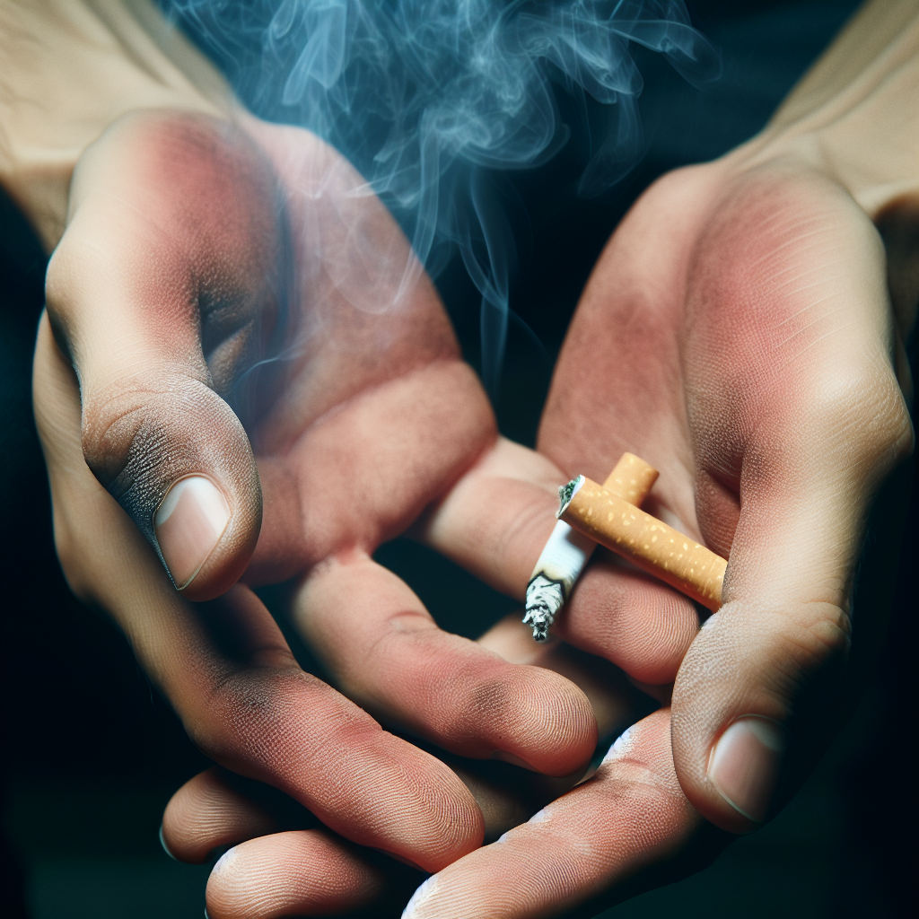 Close-up of a person's hands, subtly emanating a faint, unpleasant smoky haze. The hands look slightly discolored, conveying the persistent smell of cigarette smoke. Muted, realistic colors, focusing on the lingering odor.