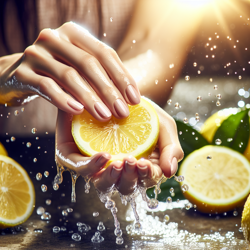 A pair of clean, fresh hands vigorously rubbing a half-cut, bright yellow lemon. Water droplets are splashing, and the scene is illuminated with bright, refreshing light, symbolizing odor neutralization and cleanliness. Vibrant colors, focus on freshness.