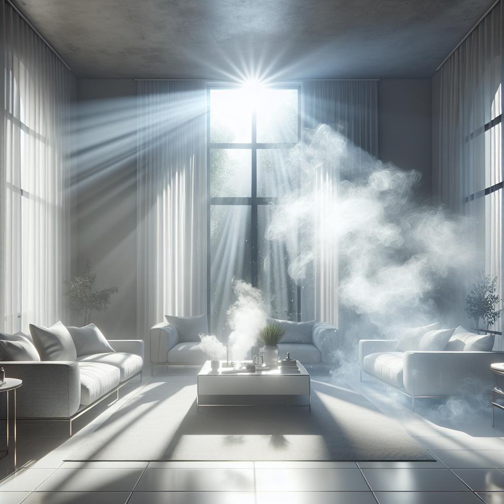 A modern, clean living room interior, with a soft, ethereal mist of smoke gently dissipating through a wide-open window. Sunlight streams in, illuminating dust motes and the vanishing smoke. A fresh, clean breeze is visually represented by subtly moving sheer curtains. The mood is hopeful and restorative, emphasizing the transition from unpleasantness to cleanliness. Photorealistic, bright and airy.
