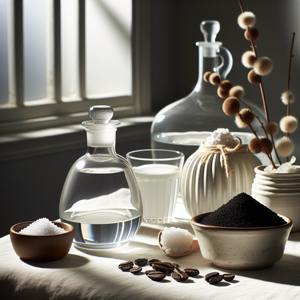A beautifully arranged still life shot of various natural odor absorbers on a light, minimalist surface. Displayed are an elegant glass bowl with clear white vinegar, a rustic ceramic dish filled with fragrant ground coffee, a small heap of white baking soda, and a few pieces of dark, porous activated charcoal. The background is softly blurred, suggesting a clean, serene home environment. Studio lighting, high-key, focus on texture and natural elements.