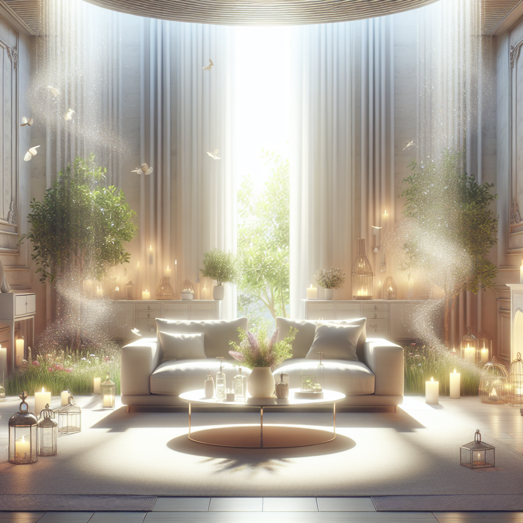A cozy, clean living room bathed in soft, natural light, with a subtle waft of freshness symbolized by gentle, translucent air currents or subtle shimmer. No visible sources of bad smell, rather an atmosphere of purity and well-being. Focus on a bright, inviting home environment.