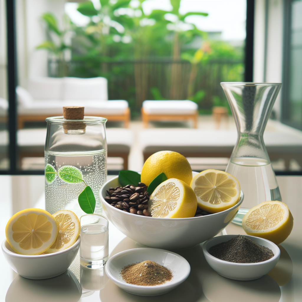 An artistic close-up of various natural household remedies arranged appealingly on a clean surface: a bowl of lemon slices, a small dish of coffee grounds, a glass of water with a hint of vinegar, and a sprinkle of baking soda. The background is softly blurred, suggesting a clean home environment. Bright, fresh colors, a sense of natural purity and effectiveness.