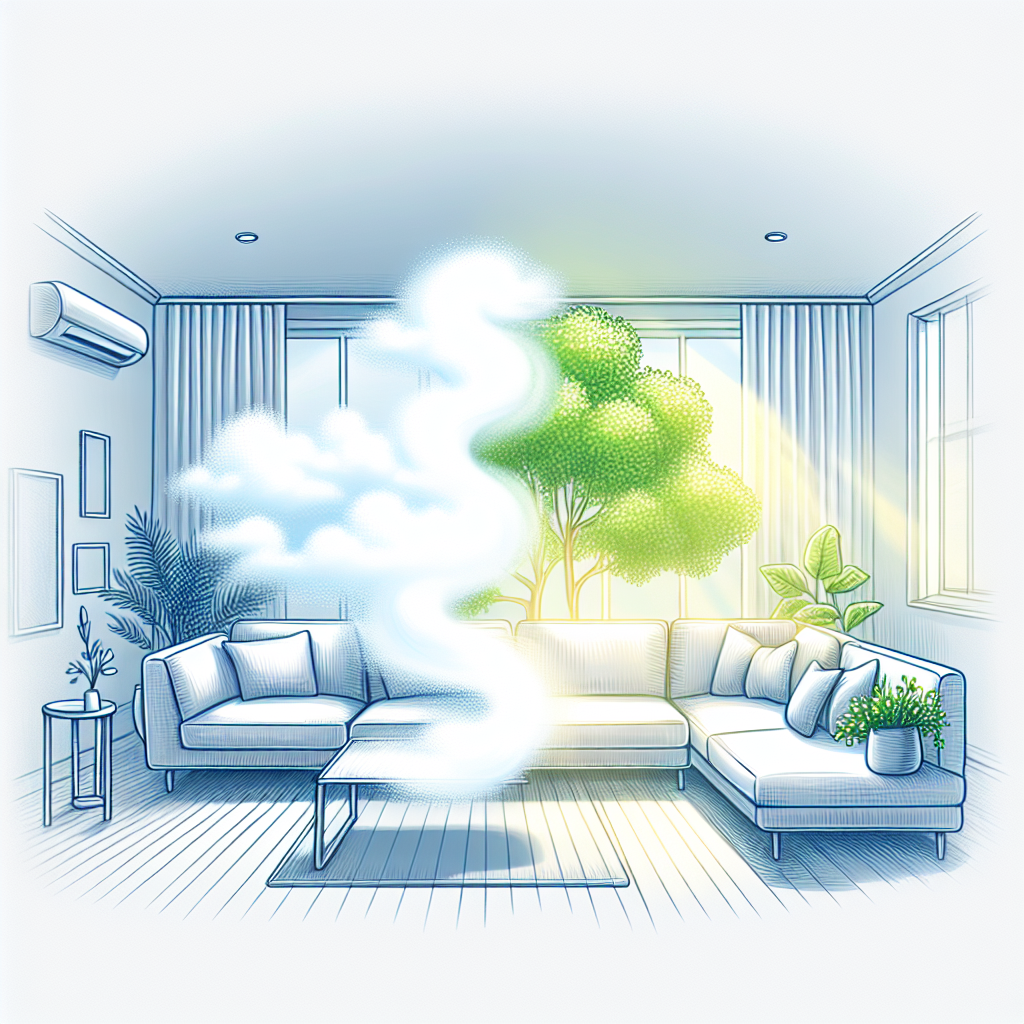 A bright, serene living room interior. On one side, a subtle, almost invisible wispy cloud representing stale air gently dissipates as a stream of fresh, vibrant air enters, transforming the atmosphere into a clean, inviting, and comfortable space filled with natural light, symbolizing well-being.