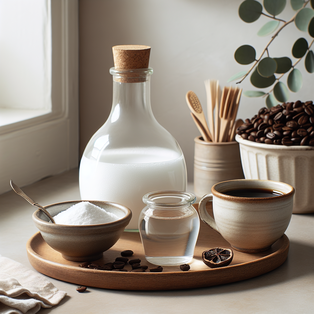 A clean, minimalist kitchen countertop featuring a beautifully arranged still life: a small ceramic bowl of baking soda, a clear glass bottle of white vinegar, and a rustic cup filled with fresh coffee beans. The scene is bright and airy, with subtle hints of natural freshness emanating from the items, suggesting effective odor neutralization.