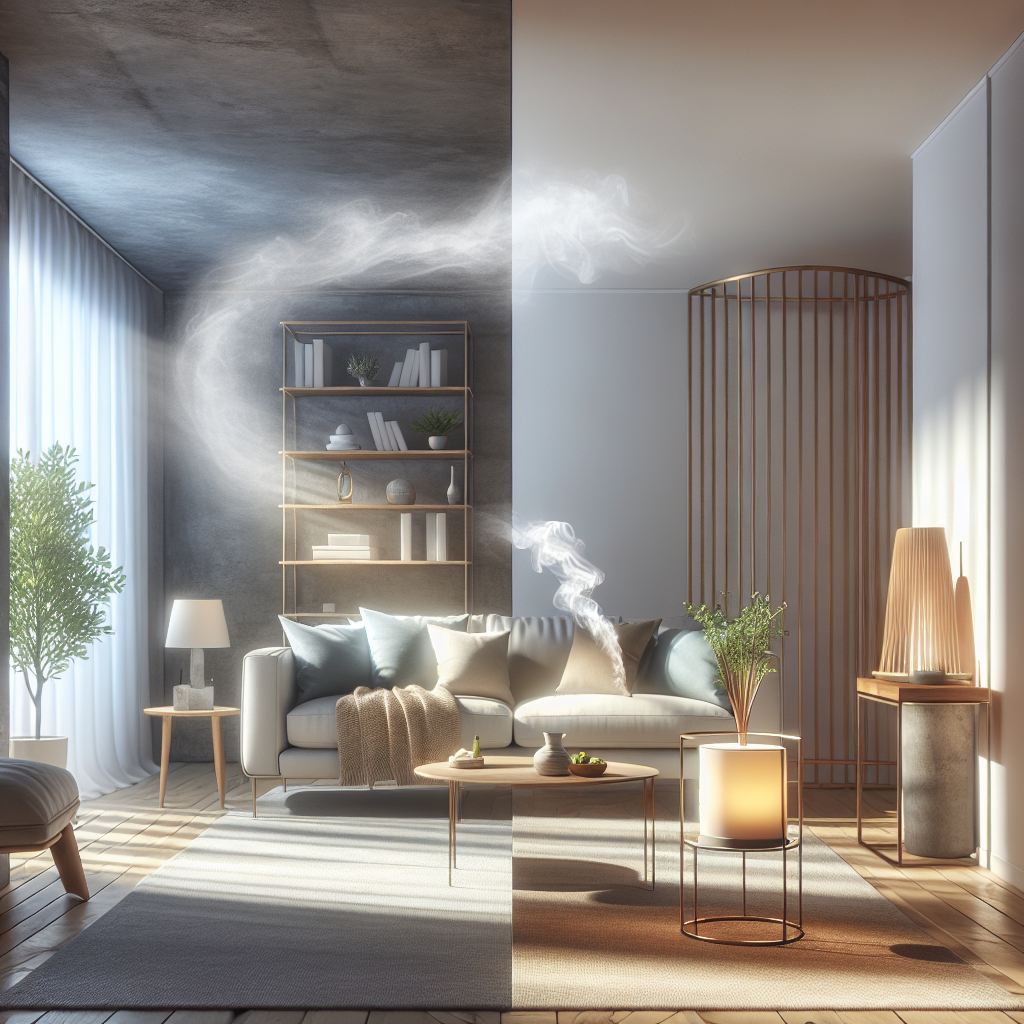 A cozy, modern living room with a subtle visual transformation. On one side, faint, almost transparent wisps representing lingering household odors (cooking, pet dander) are subtly dissipating into the air. On the other side, the air is visibly clean and fresh, with a gentle, invisible wave of pleasant fragrance emanating from a stylish room diffuser on a side table. Bright, natural light, serene atmosphere, high-quality photography.