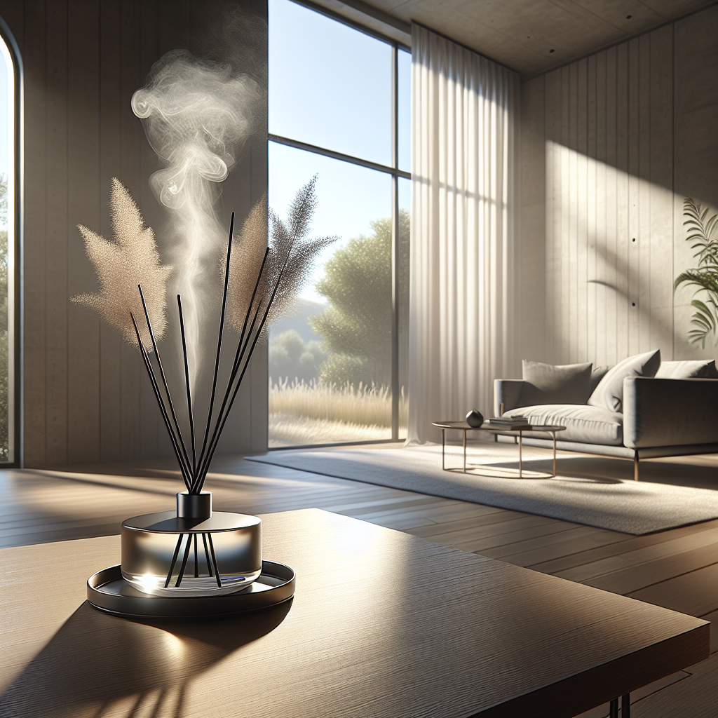 A serene, sunlit living room with large windows, featuring a sleek, modern reed diffuser on a minimalist coffee table. A subtle, almost invisible, shimmering mist emanates from the diffuser, symbolizing fresh air and a clean scent. In the background, a faint, wispy trace of lingering cigarette smoke is dissipating, suggesting the neutralization of unpleasant odors. The room feels inviting, fresh, and completely free of smoke smell. Realistic, warm lighting.