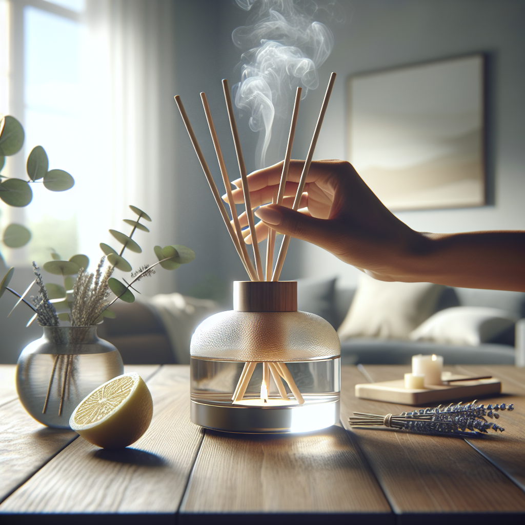 A close-up, high-detail shot of a hand gently placing an elegant glass diffuser with essential oils and reeds on a polished wooden surface. Surrounding the diffuser, a soft, ethereal glow or mist emanates, representing a pleasant aroma spreading. Interspersed are delicate elements like a few fresh lemon slices, a sprig of eucalyptus, and lavender flowers, hinting at the natural, refreshing scents. The background is a softly blurred, clean home interior, emphasizing purity and comfort. Product photography style, bright and clean.