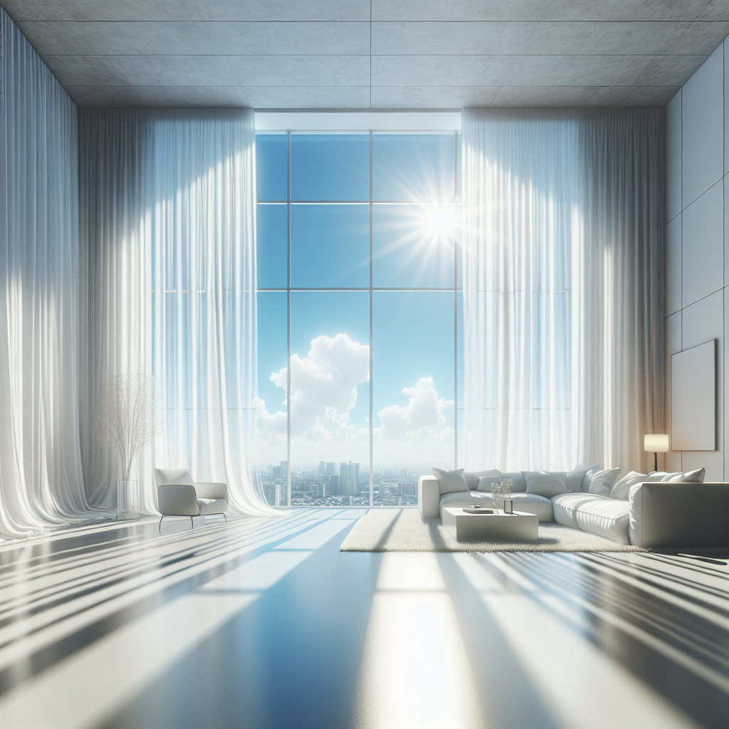 A bright, clean, modern living room bathed in natural sunlight. Large windows are wide open, showing a clear blue sky outside, and sheer white curtains are gently billowing inwards, creating a sense of fresh air and a light breeze. The room feels airy, pristine, and inviting, emphasizing a healthy indoor environment free of any unpleasant smells. Photorealistic, high detail.