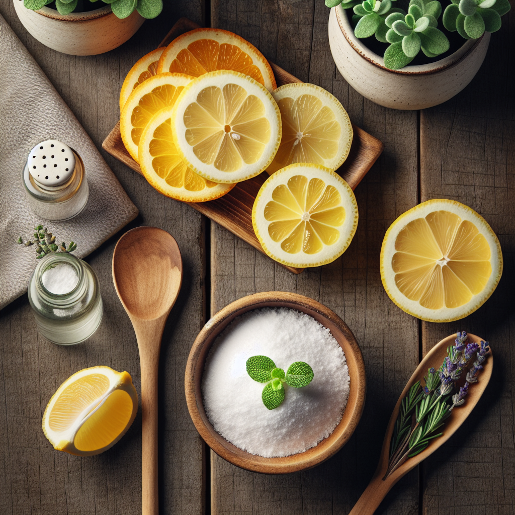 An aesthetic flat lay composition showcasing natural odor remedies on a rustic wooden table. Include beautifully arranged items like freshly sliced lemons and oranges, a small open bowl of white baking soda, a sprig of green mint or lavender, and a small, vibrant air-purifying plant in a simple ceramic pot. The lighting is soft and natural, highlighting an eco-friendly approach to freshening a home. Photorealistic, top-down view.