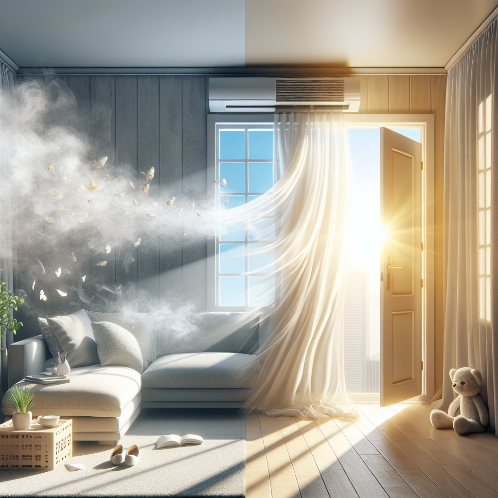 A cozy, modern living room transitioning from a slightly stuffy, unpleasant atmosphere (subtle cooking fumes or a pet toy in the corner) to a fresh, airy space. One window is wide open, letting in bright natural light and a gentle breeze, with sheer curtains billowing. The overall feeling should be clean, light, and refreshing, showing the transformation of a home from stale to fresh, realistic photo.