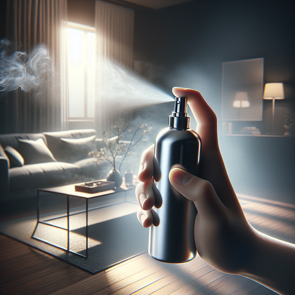 A close-up of a hand holding a modern, elegant room spray bottle, releasing a fine mist into a subtly smoke-filled living room. The mist is actively neutralizing the visible haze of cigarette smoke, creating a noticeable area of clear, fresh air. Realistic, warm ambient light, focus on the contrast between lingering smoke and emerging freshness.