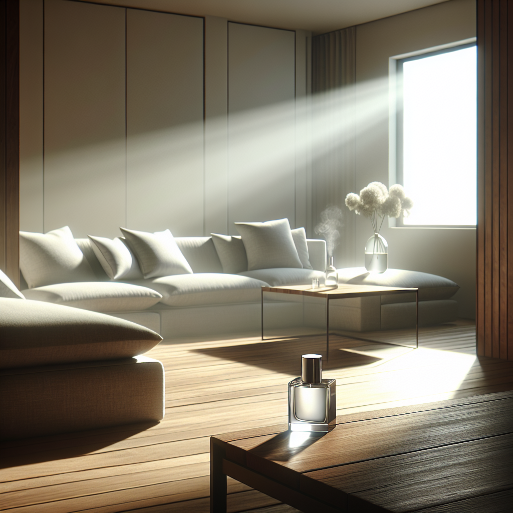 A pristine, beautifully sunlit living room, completely free of smoke and odors. A sleek, minimalist room spray bottle is discreetly placed on a clean wooden surface. The room feels airy, fresh, and inviting, with light filtering through a window onto comfortable, clean furniture. High-key lighting, conveying ultimate cleanliness and comfort.