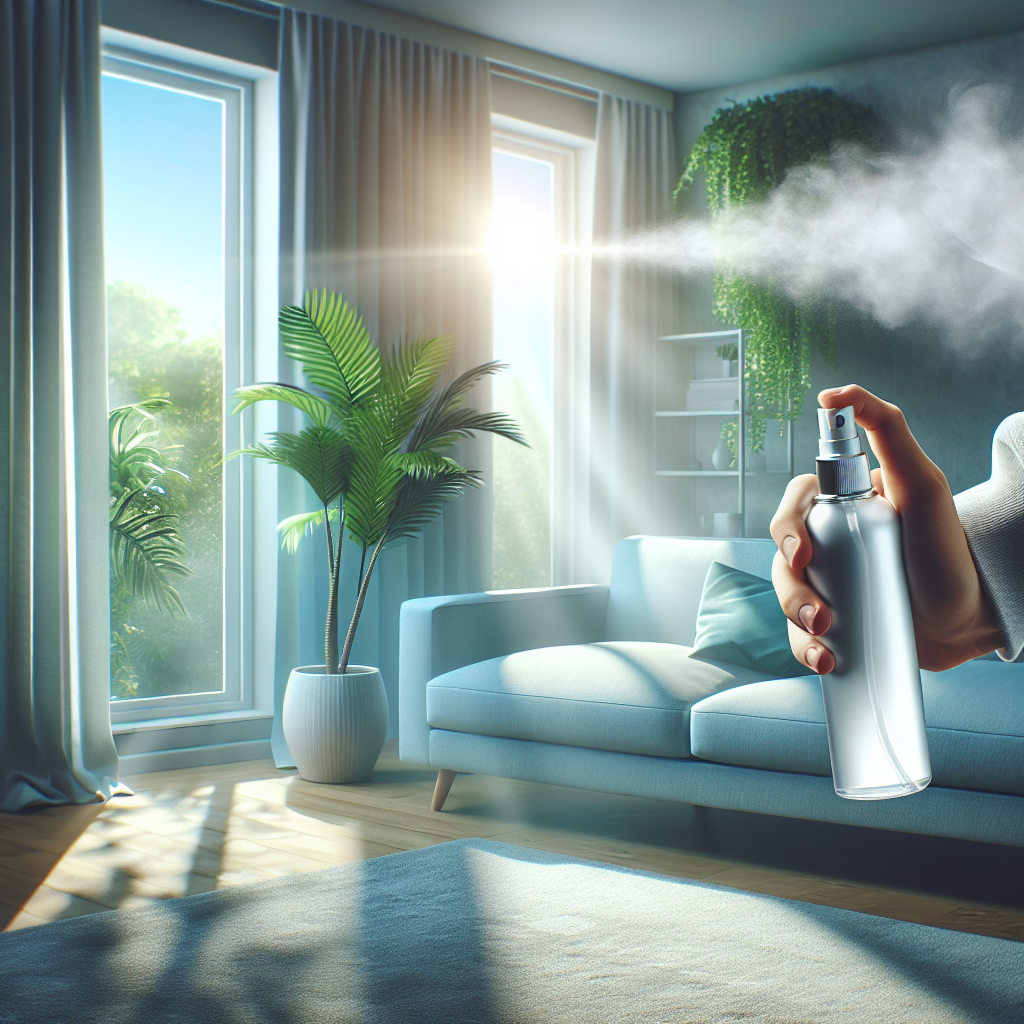 A modern, bright living room scene transitioning from a subtle, wispy smoke haze to clear, fresh air. A hand in the foreground holds a sleek room spray bottle, emitting a fine, purifying mist that visibly neutralizes the smoke. Sunlight streams through a window, illuminating green plants and a clean sofa. High resolution, realistic, vibrant.