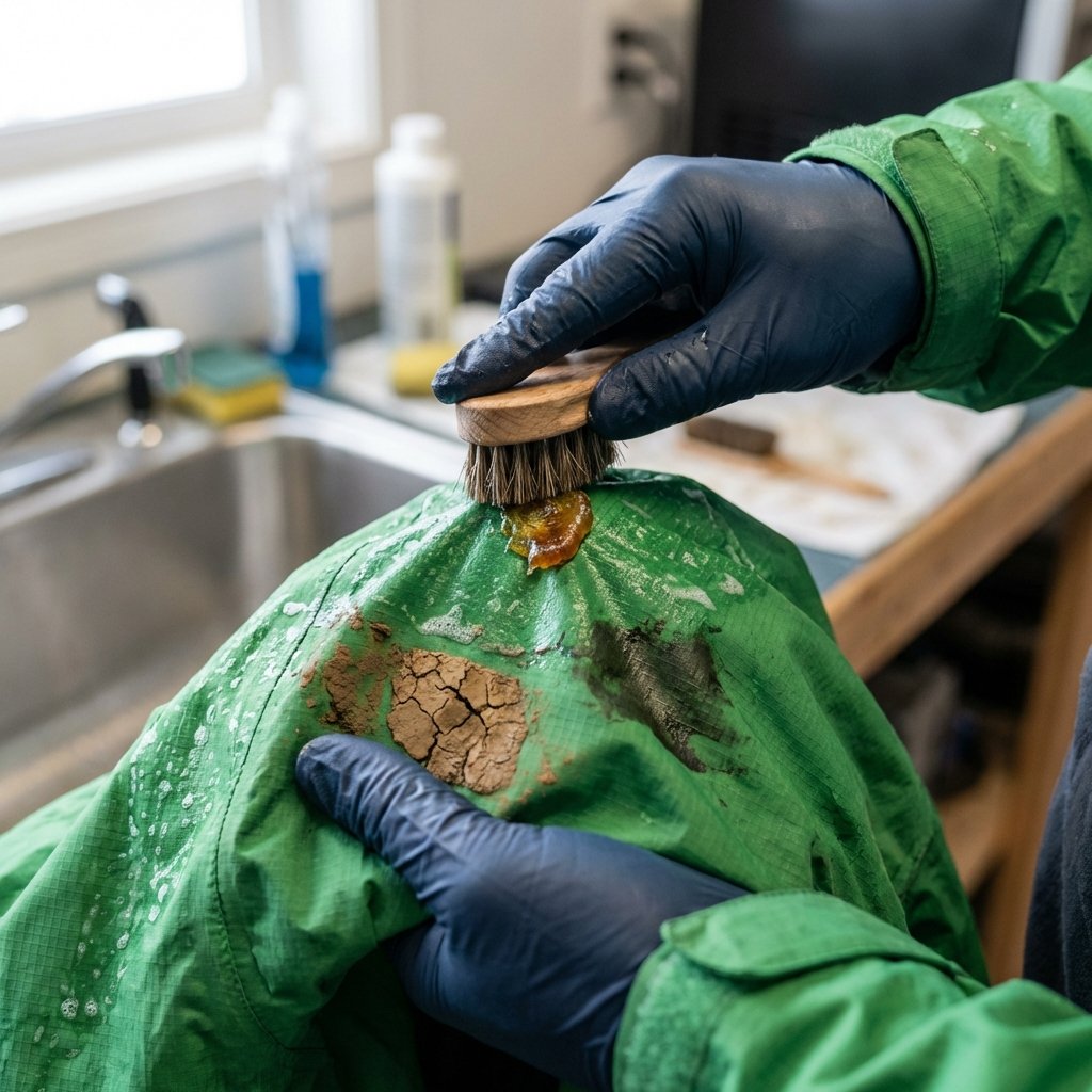 A close-up, professional photograph of a person's hands actively cleaning a section of a vibrant green rain jacket. The jacket fabric clearly displays a few distinct types of stains: a patch of dried brown mud, a sticky, amber-colored blob of tree resin, and a small, greasy smudge. One hand holds a soft cleaning brush or cloth, gently working on a stain, while the other hand supports the fabric. The background is softly out of focus, suggesting a practical, well-lit cleaning environment like a utility sink or a workbench. Emphasize the texture of the waterproof fabric and the diligent cleaning action.
