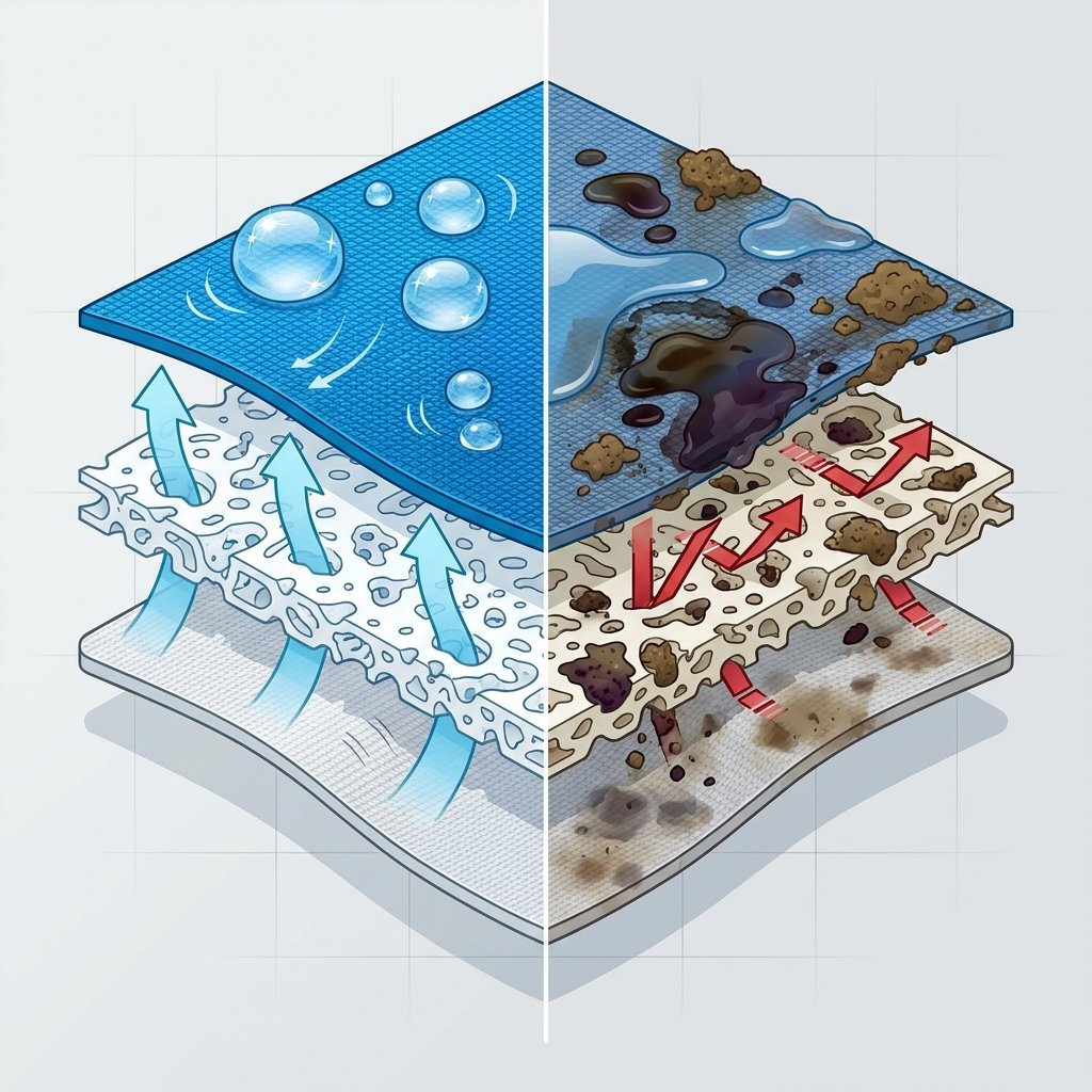 An infographic-style illustration depicting a cross-section of a rain jacket's technical fabric. On the left side, show the layers of the fabric (outer shell, waterproof membrane, inner lining) perfectly clean, with water droplets beading up and rolling off the surface, and subtle arrows indicating optimal breathability through the membrane. On the right side, show the same fabric cross-section, but with abstract representations of stains (e.g., dark, irregular blobs for oil, textured brown particles for mud) visibly adhering to and clogging the membrane's pores, hindering water repellency and breathability. Use a clean, vibrant color palette to highlight the material structure and the impact of the stains.