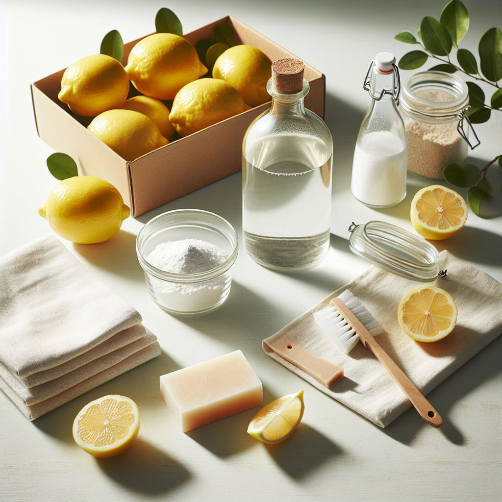 A bright, minimalist flat lay composition featuring natural cleaning ingredients: a clear glass bottle of white vinegar, an open box of baking soda (Natron), several fresh lemon halves, and a bar of natural core soap (Kernseife). A clean, white linen cleaning cloth is neatly folded nearby. The items are arranged on a clean, light wooden table or white countertop, illuminated by soft, natural daylight. The overall aesthetic is fresh, eco-friendly, and inviting, with a subtle sparkle effect.