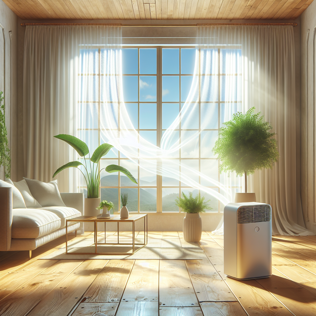 A bright and airy living room, bathed in abundant natural daylight streaming through wide-open windows. White sheer curtains are gently swaying in a refreshing breeze. A modern, minimalist air purifier sits discreetly on a wooden side table, next to a vibrant potted green plant. The entire scene evokes a strong sense of cleanliness, freshness, and pure, circulating air. Realistic, inviting atmosphere.