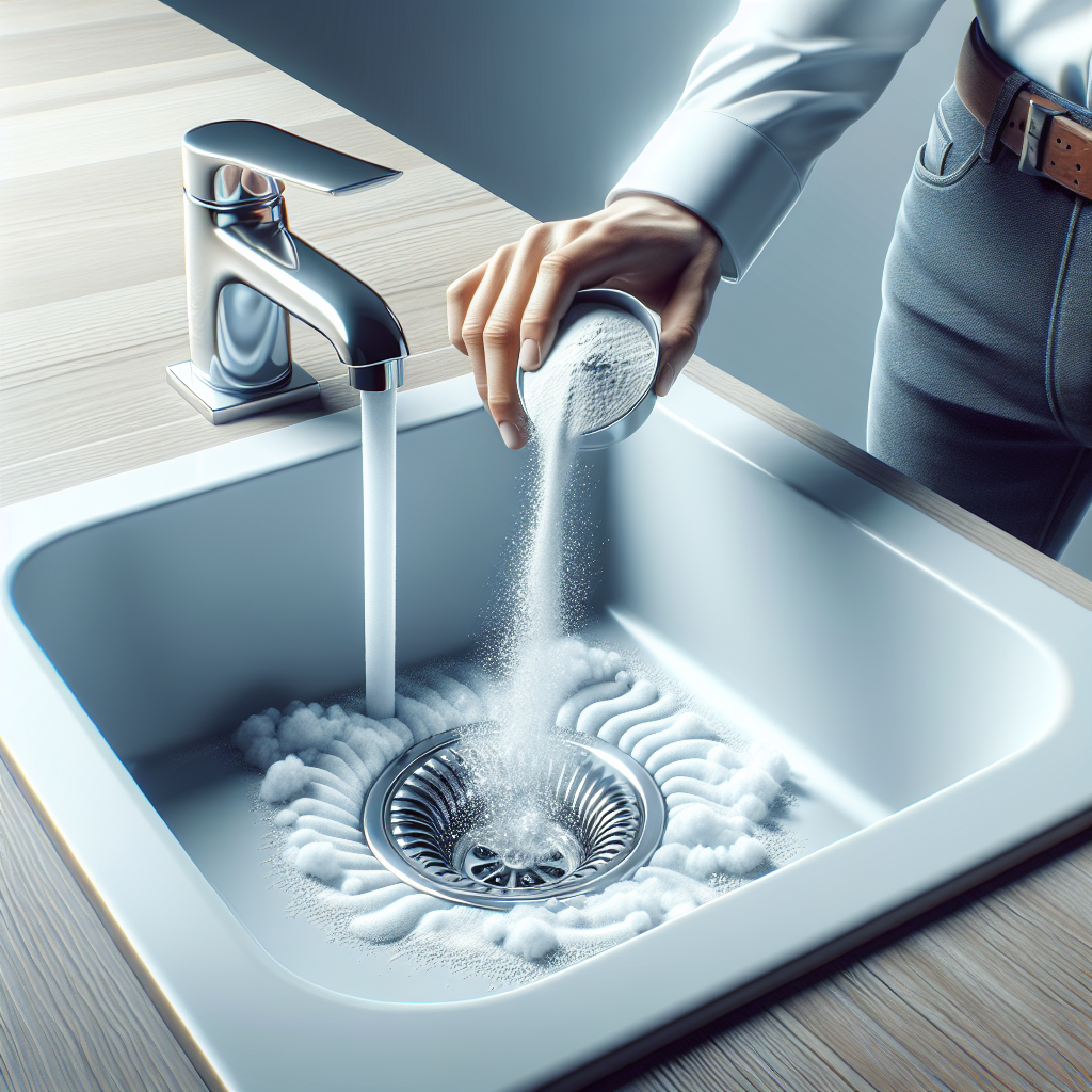 A modern, clean bathroom or kitchen sink. Someone is pouring white powder (baking soda) into the drain, followed by clear liquid (vinegar), creating a gentle, satisfying fizzing and bubbling reaction. Subtle wavy lines of unpleasant odor are visibly dissipating from the drain, suggesting a fresh, clean result. Bright, photorealistic style.