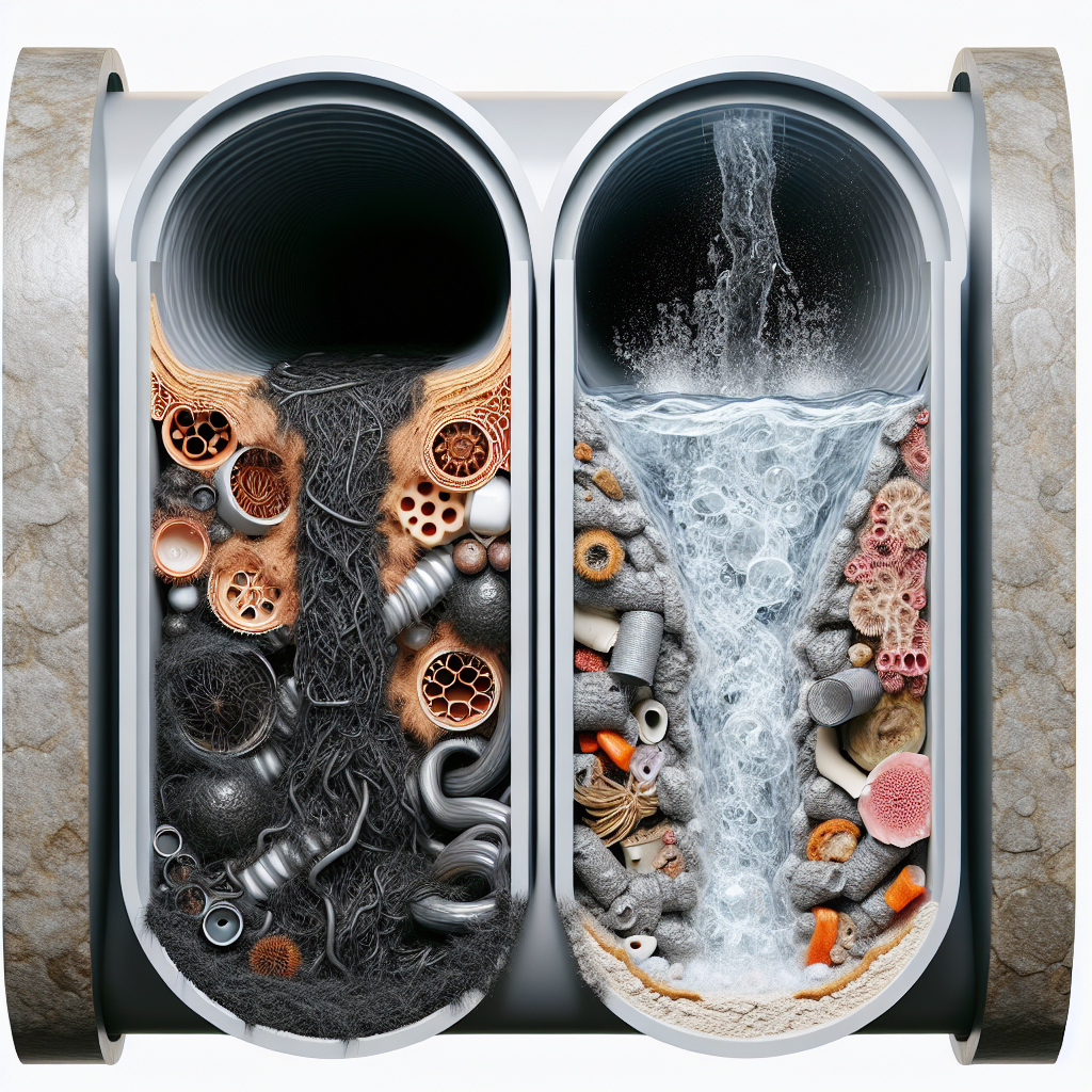 A detailed cross-section of a household drain pipe. One side of the pipe is visibly clogged with dark, murky organic residues like hair, grease, and food particles, subtly suggesting a foul odor. The other side of the pipe is sparkling clean and clear, with fresh, clean water flowing freely, symbolizing effective cleaning. Photorealistic, schematic style.