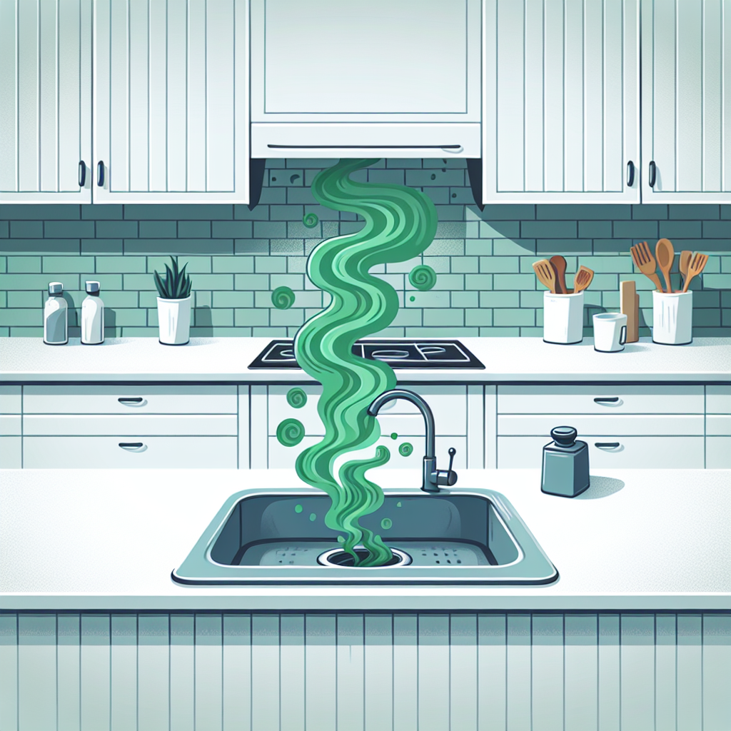 A stylized illustration depicting an unpleasant odor emanating from a kitchen sink drain. Wavy, cartoonish green fumes are rising from the drain, indicating a bad smell. The setting is a clean, modern kitchen countertop around the sink, highlighting the contrast of an otherwise tidy space with the localized problem. The style should be clean, inviting, and slightly whimsical, suitable for a blog article, with a focus on conveying the annoyance of drain odor.