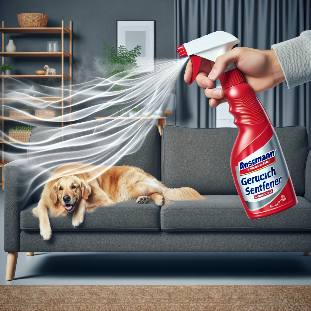 A close-up, realistic photo of a hand holding a red and white Rossmann Geruchsentferner Spray bottle, aiming at a dark grey sofa. A golden retriever dog is comfortably lying on the sofa. Subtle, almost transparent wavy lines representing bad odor are visibly dissipating into fresh, clean air around the sprayed area. The background is a bright, modern living room with natural light.