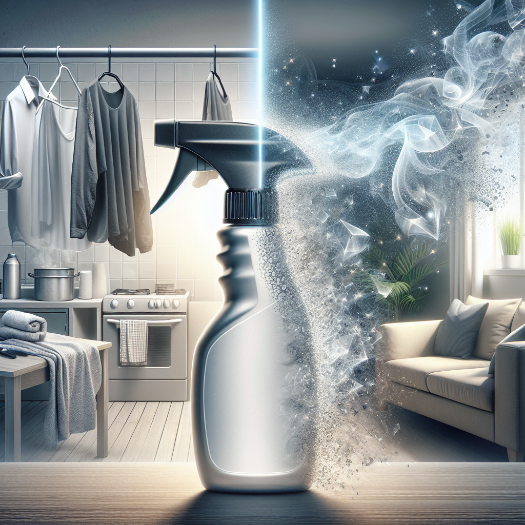 A dynamic, realistic product shot of a Rossmann Geruchsentferner Spray bottle prominently in the foreground. In the soft-focus background, a montage of common household items (a wrinkled shirt on a hanger, a kitchen curtain near a stove, and a car seat interior) are subtly depicted. Each item shows a gentle visual transformation, with a faint, murky grey area lifting to reveal sparkling, clear freshness, symbolizing effective odor neutralization across different applications. Bright, clean aesthetic.