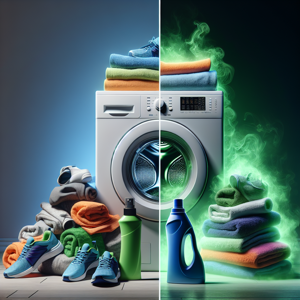 A visually striking contrast. On one side, a pile of clean-looking but subtly malodorous (indicated by faint, stylized green vapor) sports clothing and towels. On the other side, the same clothes are now radiantly fresh, pristine, and vibrant. In the middle, a bottle of laundry odor remover clearly labeled 'Rossmann Geruchsentferner Wäsche' sits beside a modern washing machine, symbolizing the transformation. Bright, clean, realistic style with a touch of conceptual visualization.