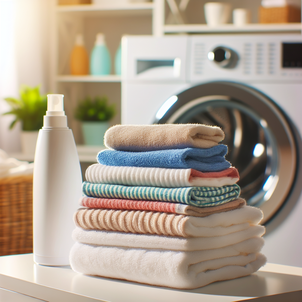 A close-up of a neatly folded stack of fluffy, bright white towels and colorful, freshly laundered clothes, radiating a sense of crisp cleanliness and freshness. In the soft-focus background, a prominent bottle of 'Rossmann Geruchsentferner Wäsche' is visible near a modern washing machine. The lighting is warm and inviting, emphasizing the comfort and pure scent of newly clean laundry.