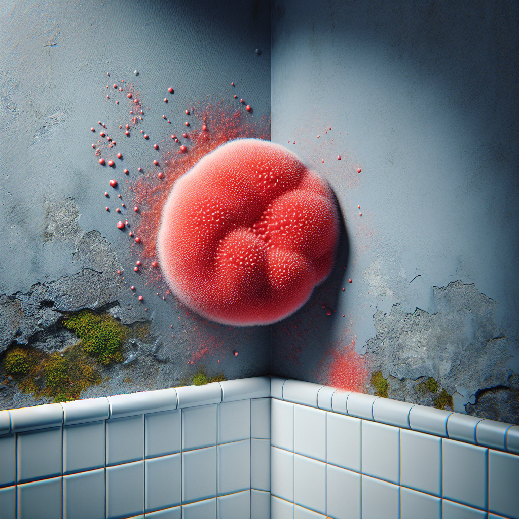 Close-up of vibrant red mold (roter Schimmel) with distinct texture, growing on a damp, slightly textured wall in a dimly lit bathroom corner. Water droplets or condensation are subtly visible on the surface, emphasizing moisture. Realistic, high detail, informative.