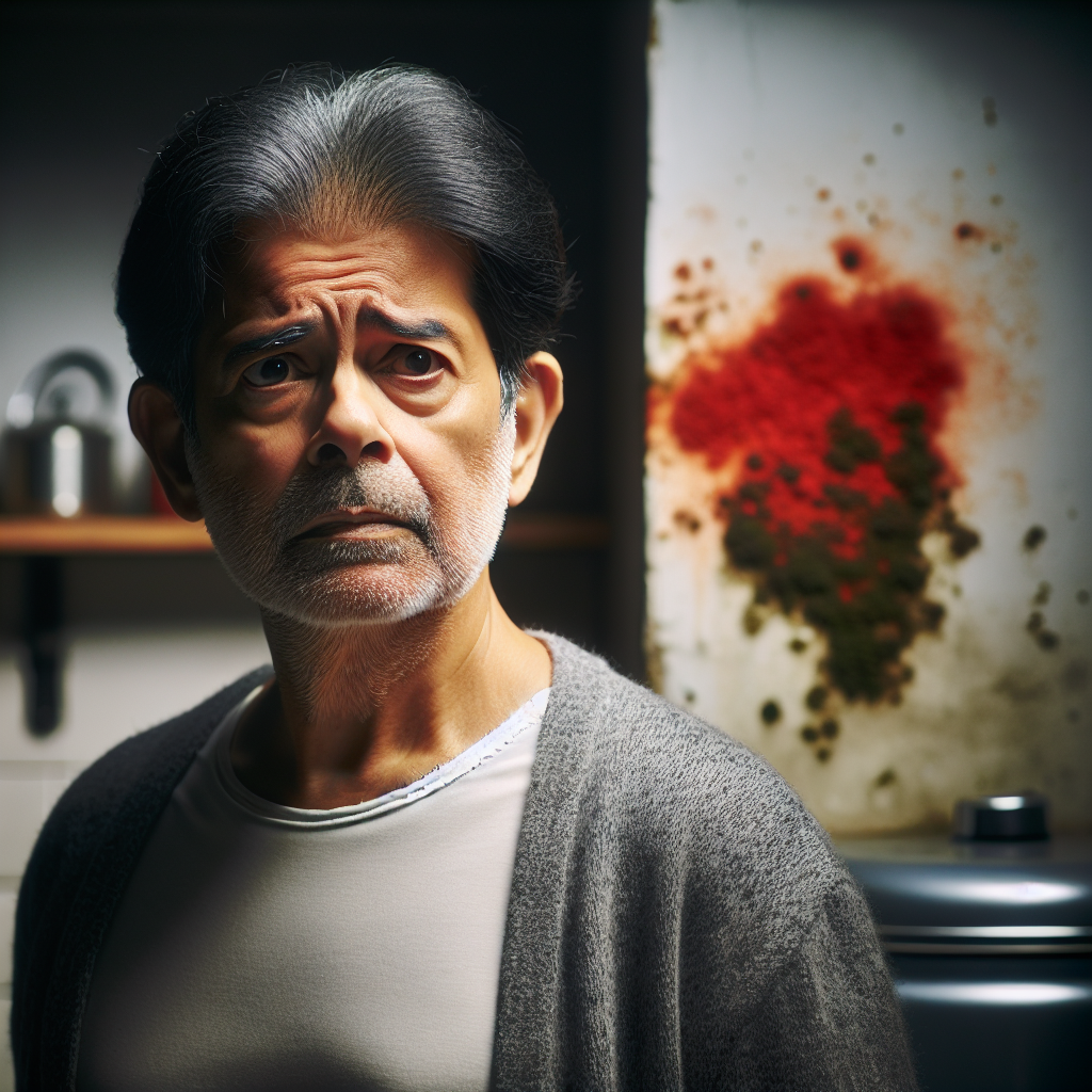 A person, perhaps an adult, stands in a slightly humid room like an older kitchen or bathroom, with a concerned expression, subtly sniffing the air. Their face conveys the presence of an unpleasant, unseen odor. In the background, a small, distinct patch of vibrant red mold is subtly visible on a wall or behind a fixture, hinting at the source. Atmospheric lighting, realistic, conveying a sense of mystery and discomfort.