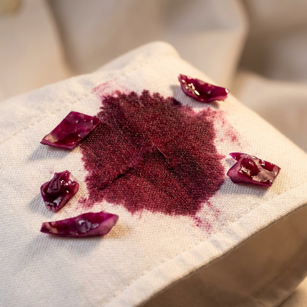 A vibrant, detailed close-up of a deep red-purple stain on a white fabric surface, like a cotton shirt or tablecloth. Scattered around the stain are a few small, glossy pieces of red cabbage, emphasizing the source. The lighting highlights the texture of the fabric and the intense, absorbed color of the stain, showing how it's seeped into the fibers. The overall impression should be clear and slightly frustrating, capturing the essence of a stubborn stain. Style: Professional studio photograph with a shallow depth of field, focusing sharply on the stain and fabric texture.