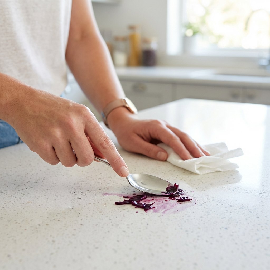 A pair of hands in the process of carefully scraping a fresh, wet red cabbage stain from a light-colored kitchen countertop using the edge of a simple, silver spoon. A small, crumpled white paper towel or cloth is visible nearby, ready for dabbing, indicating the next step. The background is slightly blurred, suggesting a clean, modern kitchen environment with a hint of natural light. The focus is on the careful, precise action of removing the initial debris without spreading the stain. Style: Realistic, brightly lit, action-oriented close-up photograph.
