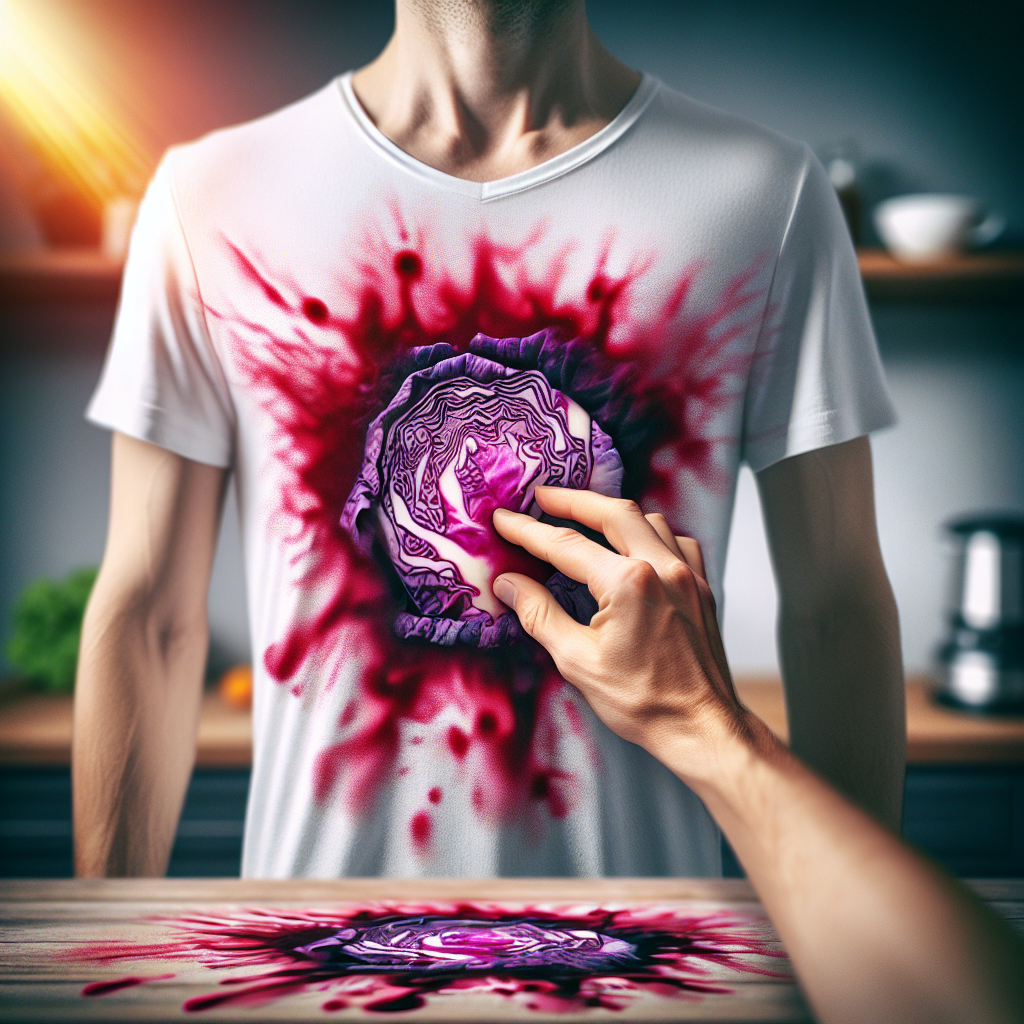 A close-up of a vibrant, stubborn red cabbage stain prominently visible on a clean white t-shirt, set against a blurred background of a domestic kitchen or dining table. The lighting emphasizes the stain's intensity, evoking a sense of initial frustration for the viewer. Realistic photo, high detail.