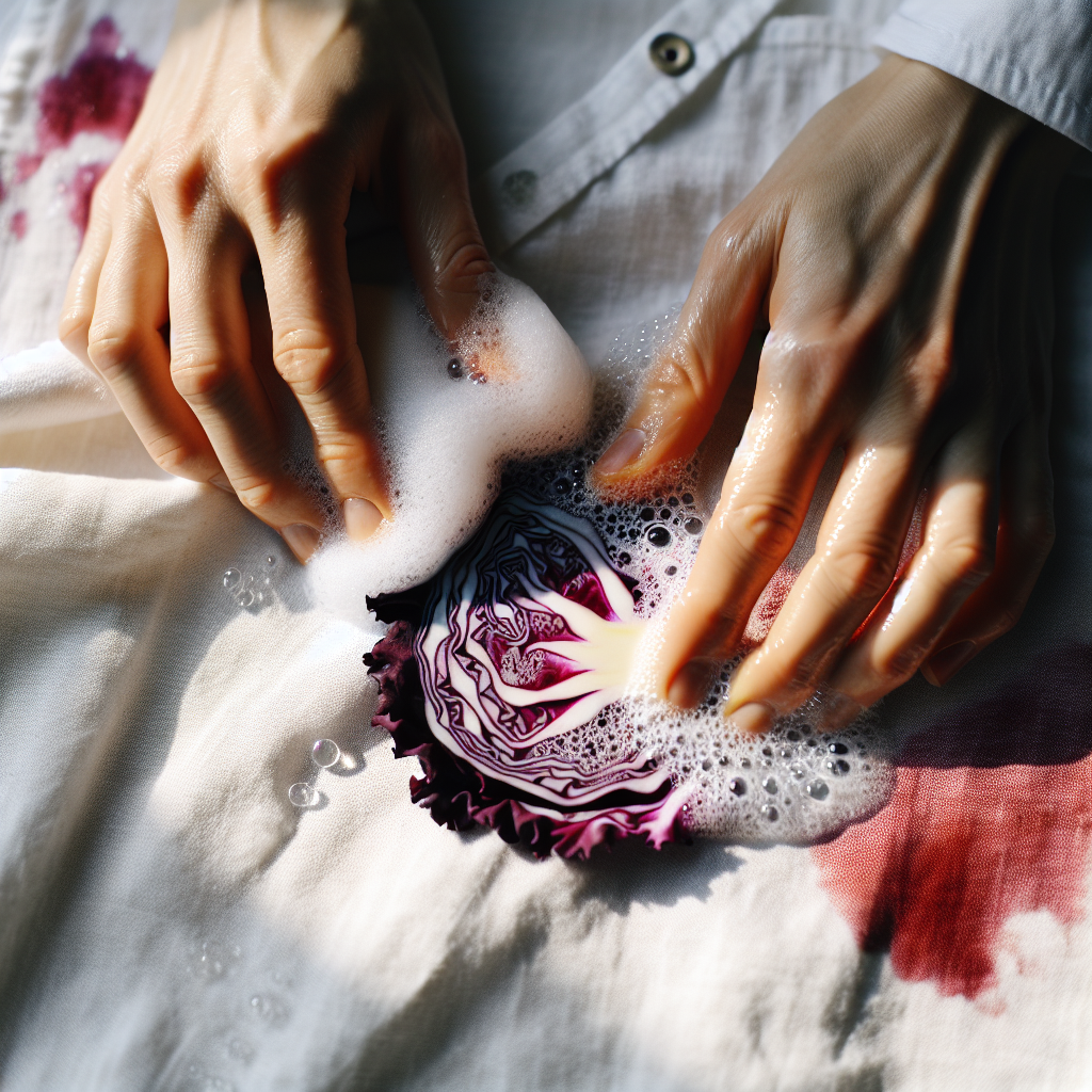 A pair of hands actively and effectively cleaning a fresh red cabbage stain from a piece of white fabric, possibly a tablecloth or shirt. Natural light illuminates the scene, showing water droplets, a gentle lather from soap or detergent, and the stain visibly lifting and disappearing. A clear representation of the cleaning process and successful stain removal.