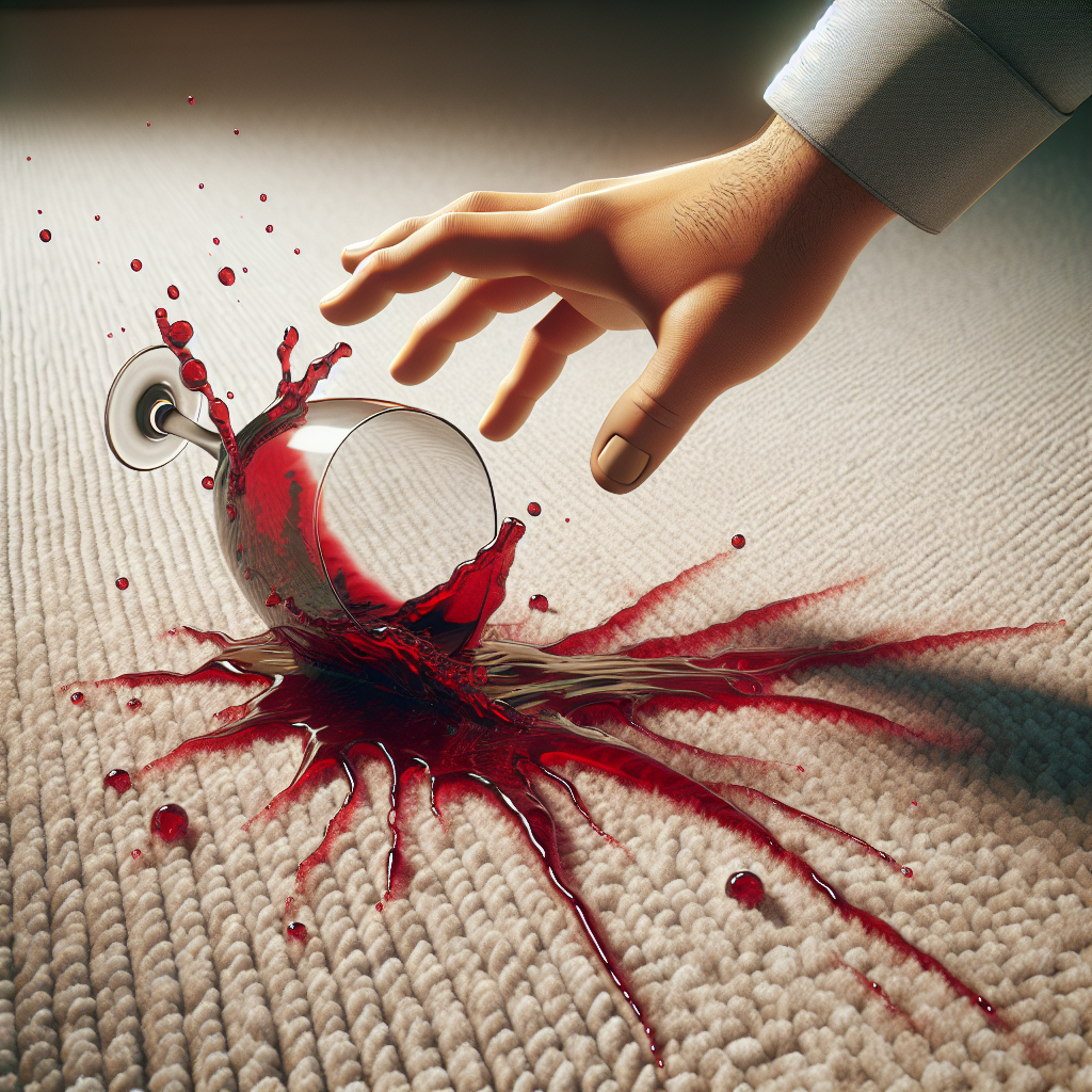 A dramatic scene of a hand accidentally knocking over a glass of red wine, spilling a vibrant red liquid onto a plush, light-colored carpet. The wine is caught mid-spill, creating a dynamic splash and an immediate, noticeable stain. Realistic, high-resolution, slightly panicked atmosphere.