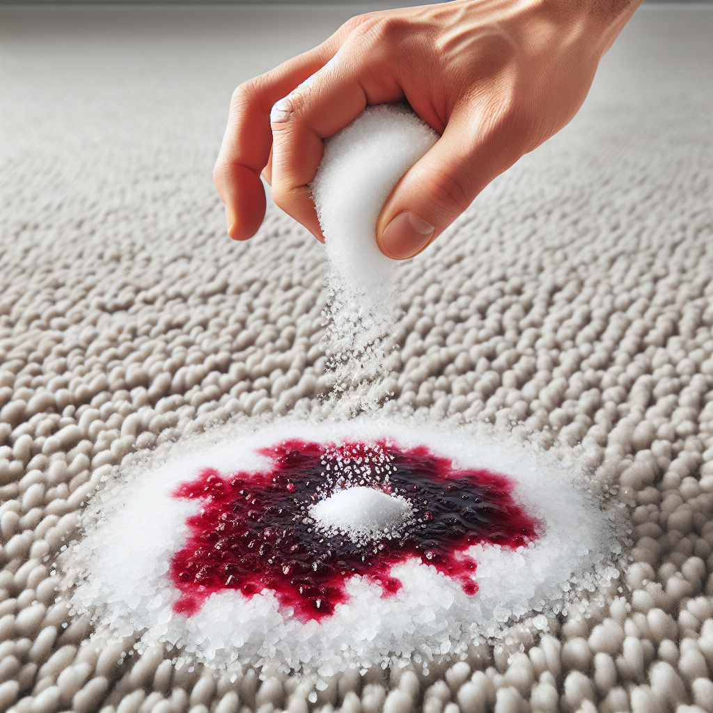 Close-up shot of a hand generously sprinkling coarse white salt over a fresh, deep red wine stain on a soft, light-colored carpet. The salt crystals are clearly visible as they begin to absorb the liquid and cover the stain. Bright, detailed, realistic.