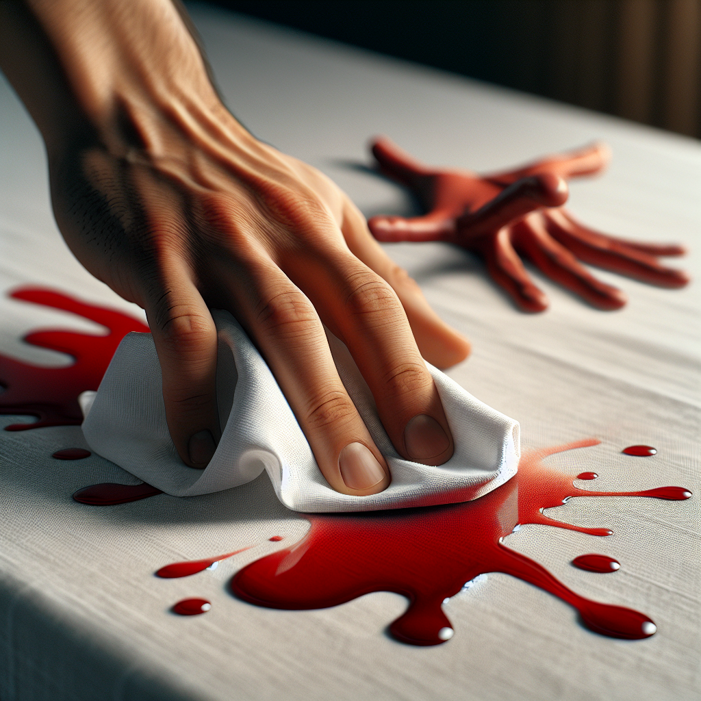A vivid red wine stain freshly spilled on a light-colored fabric, like a white tablecloth or carpet. A hand quickly dabs the stain with a clean, absorbent white cloth or paper towel, showing the immediate reaction to a spill. The scene is well-lit, realistic photography, soft focus in the background to highlight the action.