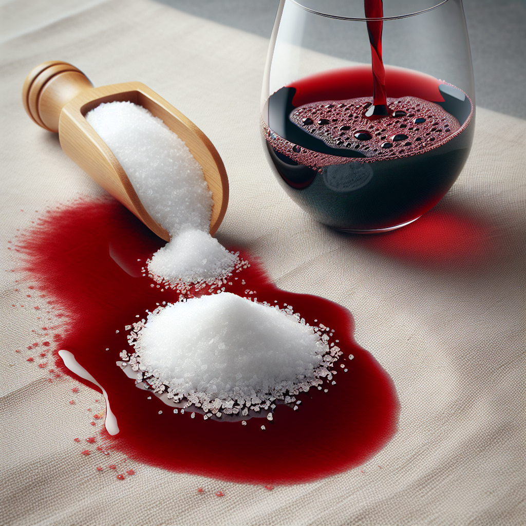 Close-up, high-angle shot of a red wine stain on a textured light-colored fabric. Coarse white salt is generously poured and visibly resting on the wet red stain, actively drawing out the liquid. The image emphasizes the contrast between the white salt and the deep red wine, realistic, detailed photography.