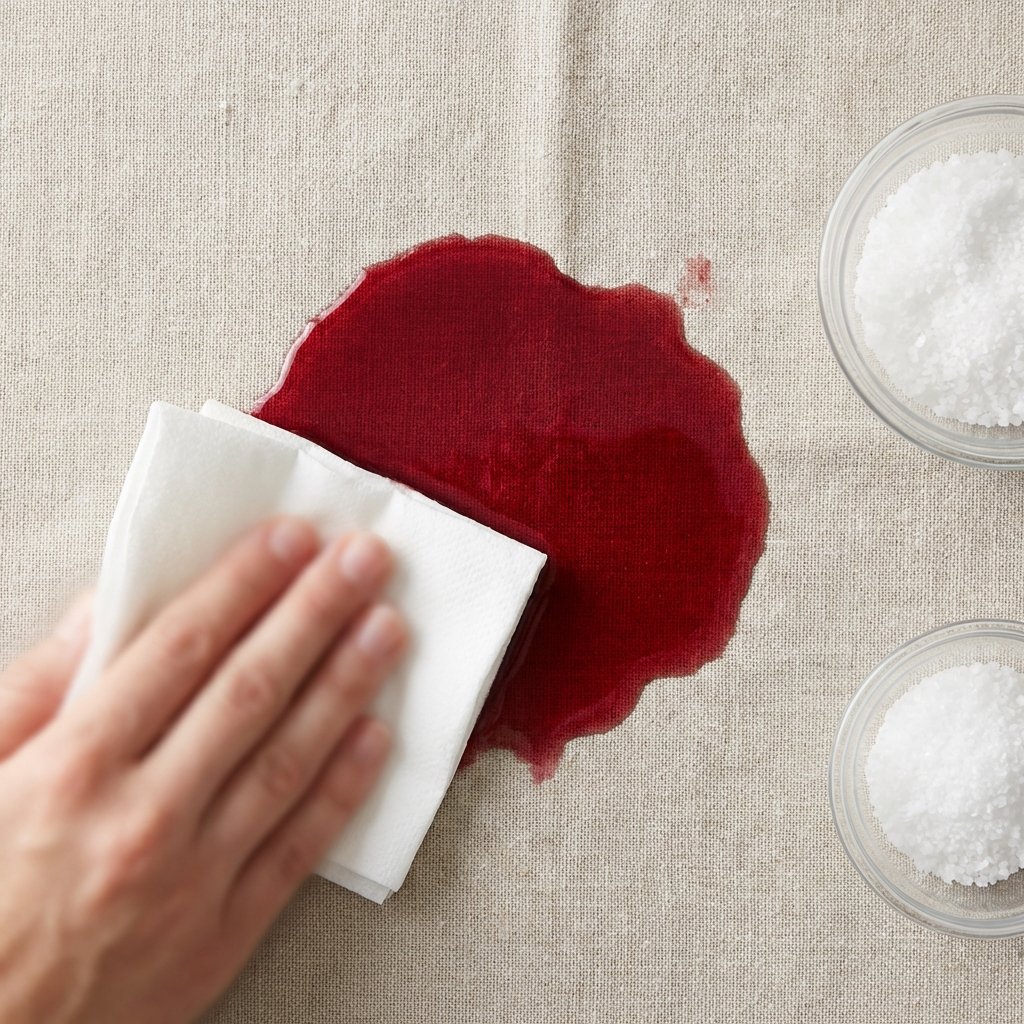 A close-up, top-down professional photograph showcasing a fresh, vibrant red wine spill on a light beige or white fabric surface, like a tablecloth or carpet. A hand, out of focus but clearly visible, is gently dabbing the edges of the spill with a clean, folded white paper towel. A small, elegant glass bowl filled with white salt is partially visible nearby, suggesting the next step. The scene emphasizes immediate, careful action to absorb the liquid.
