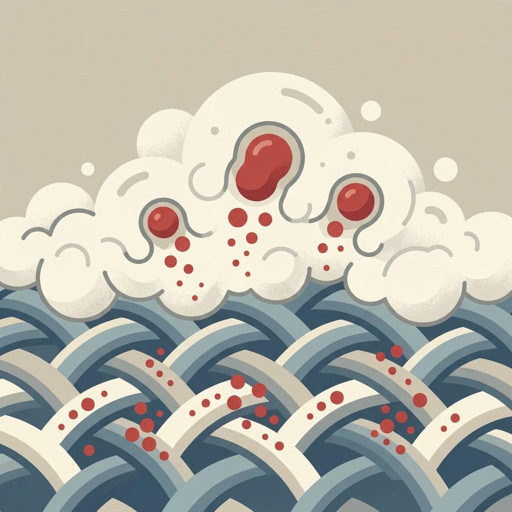 A modern, flat illustration depicting an abstract cross-section of fabric fibers. Deep within the fibers are small, distinct red pigment particles, symbolizing the wine stain. On top of the fabric, a thick, off-white paste (representing baking soda) is shown actively interacting with the red particles, drawing them upwards or encapsulating them. The overall impression is a clear, step-by-step visual explanation of how a cleaning agent lifts a stain from textile material.