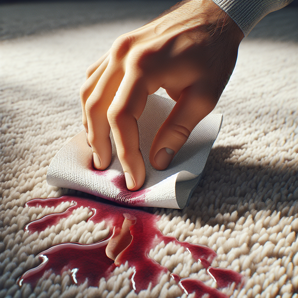 A close-up, high-angle shot of a person's hand carefully dabbing a fresh, vibrant red wine stain on a plush, light-colored carpet with a clean, white paper towel. The focus is on the gentle absorption, not rubbing, conveying an immediate, urgent action. Soft, natural lighting, realistic style.