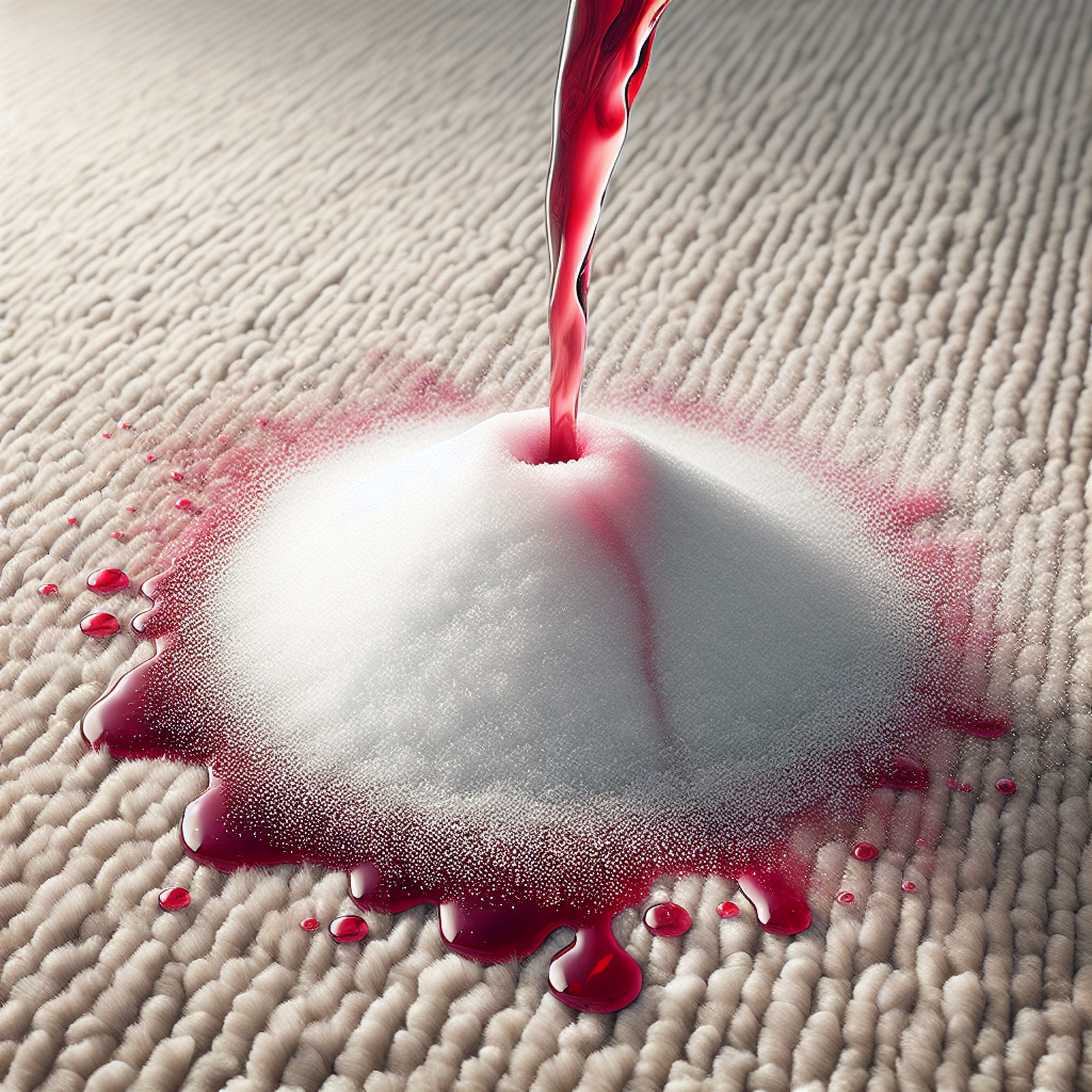A detailed, close-up shot of a generous mound of white salt poured over a fresh red wine stain on a light beige carpet. The salt is visibly beginning to absorb the red liquid, showing a slight pinkish tint as it works. Realistic, clean style, natural lighting, highlighting the texture of the carpet and salt.