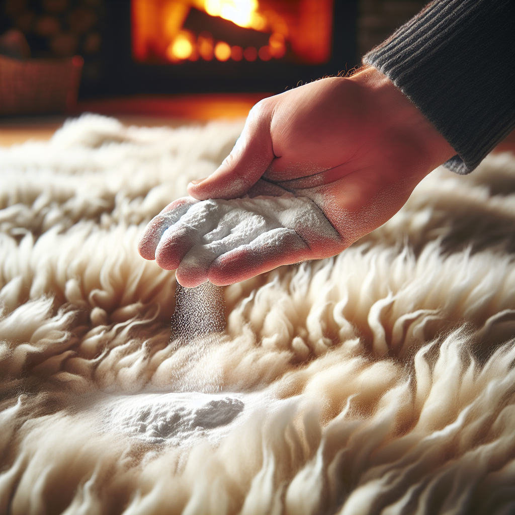 Close-up of a hand gently sprinkling white baking soda powder evenly over the surface of a plush, natural sheepskin rug. The wool looks soft and clean, and the background is a softly blurred, warm domestic setting. The focus is on the cleaning action and the texture of the sheepskin. High detail, realistic photography.