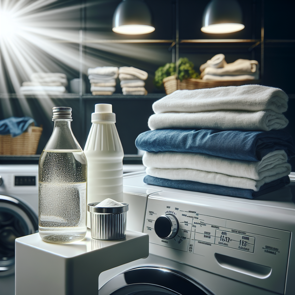 A bottle of white vinegar and a small container of baking soda placed on top of a modern washing machine. Beside them, a stack of clean, freshly folded laundry. The scene should evoke a sense of cleanliness and effective natural remedies. Bright, clean, well-lit laundry room setting.