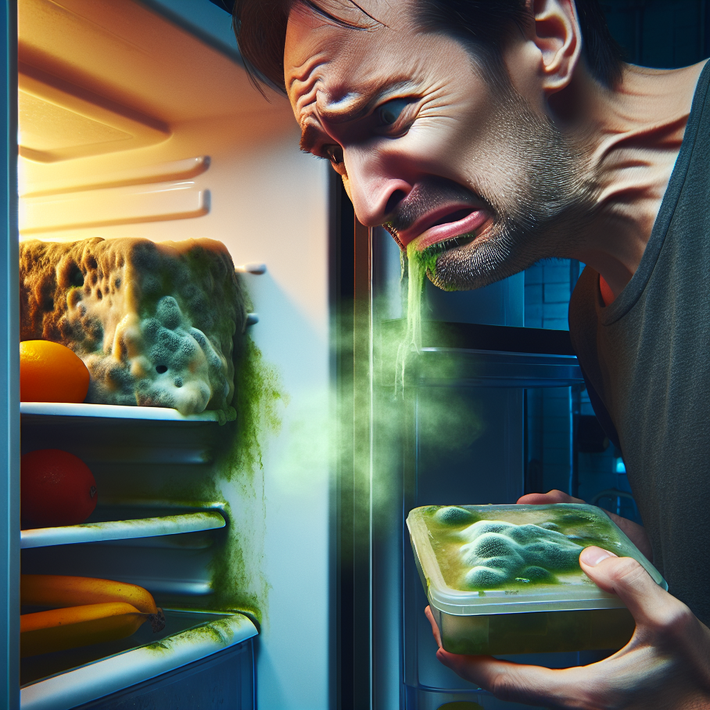 A close-up of a person's face expressing disgust and recoiling slightly, as they open a refrigerator door. The open refrigerator interior is dimly lit and contains a few visibly moldy food items like a forgotten piece of fruit or cheese, with a subtle, unpleasant greenish vapor seemingly wafting out. Realistic photography style, focus on emotion and the visual representation of bad smell.