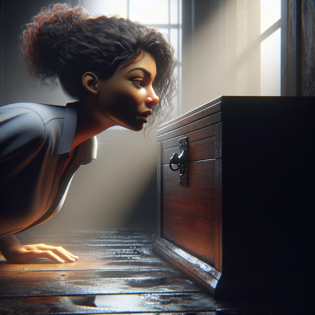 A person with a concerned expression, nose slightly wrinkled, actively sniffing the air near a damp, shadowy corner of a room, possibly behind a piece of furniture or near a window. The atmosphere is slightly mysterious and humid, hinting at an unseen problem. The focus is on the act of smelling and trying to locate an elusive, unpleasant, musty odor. Realistic style, evocative lighting.