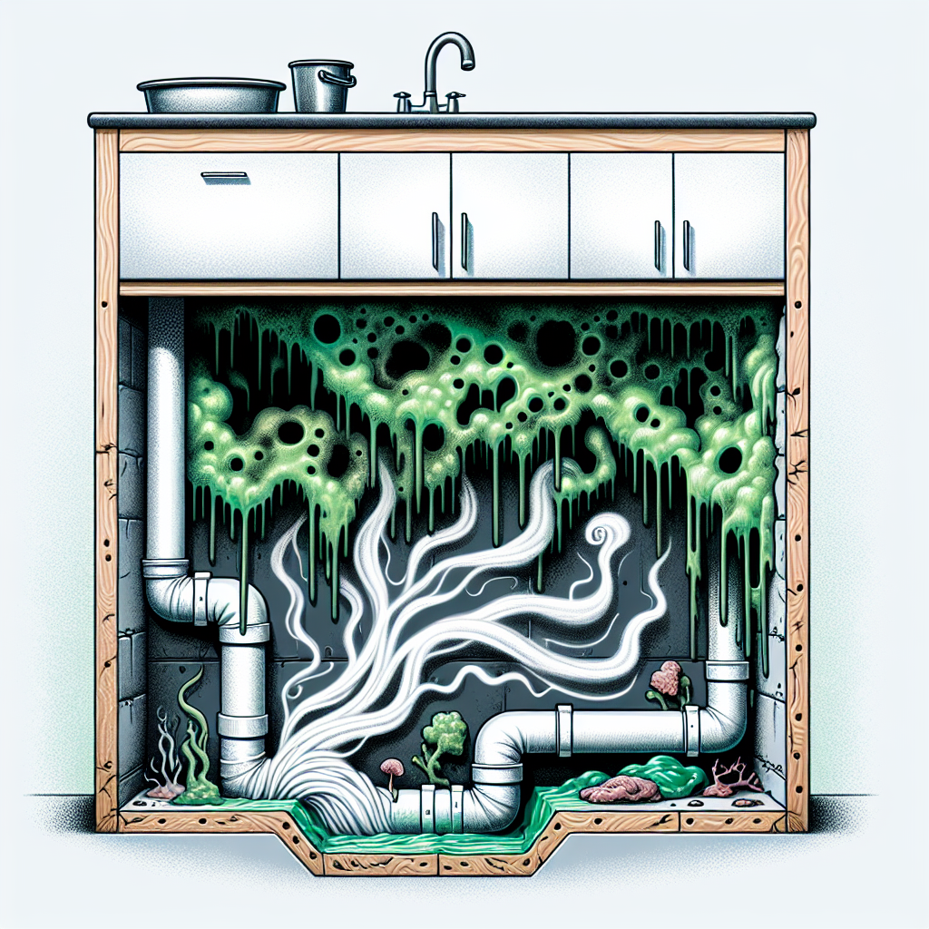 An illustrative cross-section of a common household area, like under a kitchen sink cabinet or a basement wall corner, revealing hidden green and black mold growth on pipes, behind drywall, or on damp insulation. Subtle, ethereal wisps or lines of unpleasant odor emanate from the mold, suggesting its pervasive smell despite being out of sight. The image should clearly depict the invisible problem being exposed.