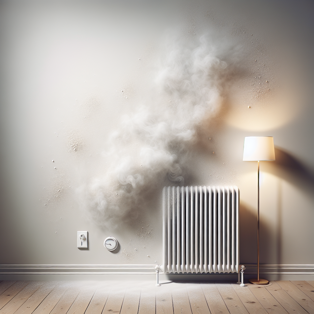 An evocative image representing an invisible, unpleasant musty mold smell in a clean home. A subtle, transparent, greyish vapor or an ethereal haze subtly emanates from behind a white radiator against a light-colored wall, implying a hidden dampness. The room otherwise appears tidy, but the air has a slightly heavy, unsettling quality. No visible mold, focusing on the sensory experience of the odor. Realistic photography style with soft, indirect lighting.