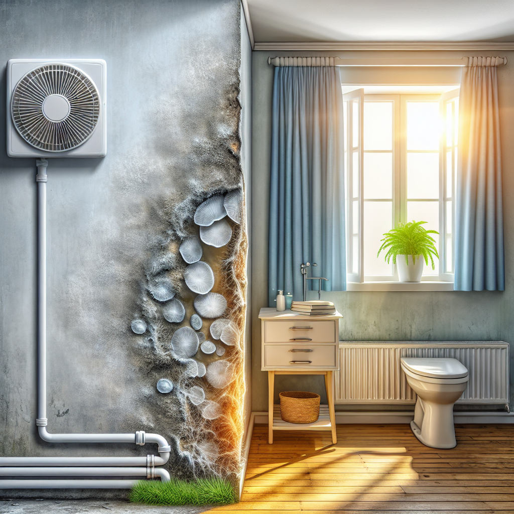 A close-up of a damp, cold corner in an apartment bathroom or kitchen wall, with a small, almost translucent patch of mold beginning to form. Directly adjacent, a stream of fresh air and warm sunlight clearly enters through an open window, highlighting the contrast between mold-causing moisture and effective ventilation for prevention. Realistic, clean details, focus on light and air movement.
