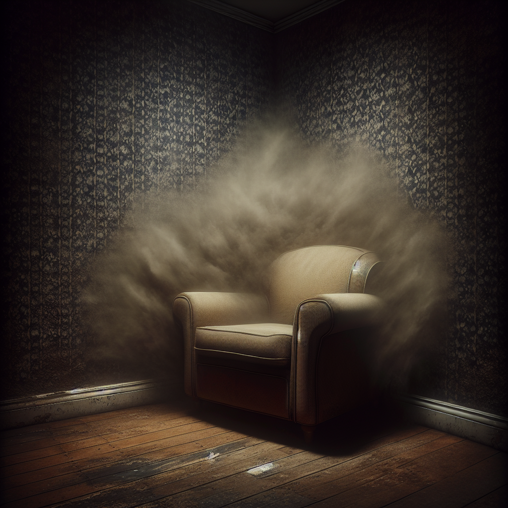 An atmospheric, slightly dark image of a room corner. A subtle, wispy, greyish-brown, unpleasant 'muff' smell visually emanates from behind a large, slightly stained armchair or a patch of peeling wallpaper. The air feels oppressive and damp, with a hint of something unseen lurking. Realistic photography style.